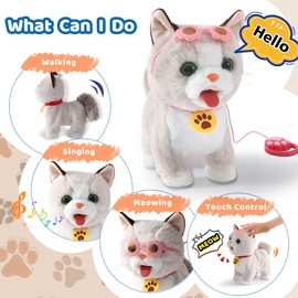 Ylpaprm Walking Cat Set Interactive Talking Toy Kitten Repeat What You Say Robot Cat Toy for Girl Singing Dancing Touch Control with Leash Wagging Tail Nodding Plush Electric Ragdoll Kitty for Kid