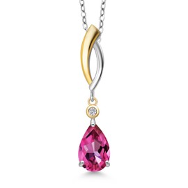 Gem Stone King Teardrop Necklace for Women | 925 Silver and 10K Yellow Gold | 9X6MM Pear Shape Gemstone Birthstone and White Lab Grown Diamond Pendant Necklace | With 18 Inch Silver Chain