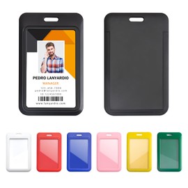 Lanyardio 2 Pack Sliding Vertical ID Badge Holder Hard Black Plastic Card Case Protector Pouch with Clear Window for Office School ID Credit Cards and Proximity Key Cards