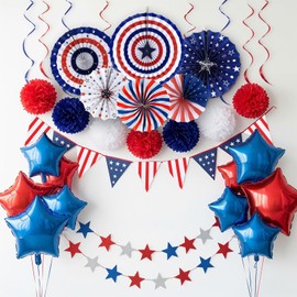 4th of July Decorations sef of Red White Blue Hanging Paper Fans Hanging Swirls USA Flag Pennant and Pom Poms Red Blue star mylar balloons for Patriotic independence day Decorations