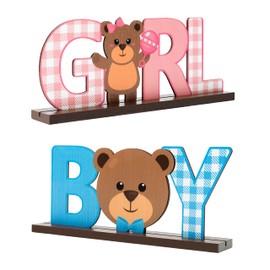 C1krint 2Pcs Teddy Bear Gender Reveal Wooden Centerpiece Table Decorations, Boy Girl Letter Signs Blue or Pink Teddy Bear Table Centerpieces for He or She Gender Reveal Baby Shower Party Supplies
