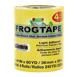 FrogTape Delicate Surface Painters Tape with PAINTBLOCK, 1.5 Inch Wide (1.41 In. x 60 Yds), Low Adhesion, Ideal for Freshly Painted Walls, Trim & Surfaces, Yellow, 4 Rolls (240662)