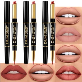 BINGBRUSH 2 IN 1 Lip Liner & Lipstick Makeup Set, Dark Red Matte Metallic Lipliner Set for Black Mature Women Waterproof Long Lasting Gift Set (3Pcs Set04:03#07#10#, 3Pcs)