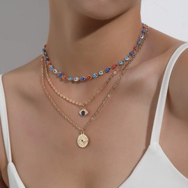 COLORFUL BLING Evil Eye Necklace Gold Layered Necklace for Women Long Necklaces Gold Choker Necklaces Y Shape Pendant Necklace Multilayer BlueEye Necklace for Women Girls - gold