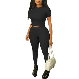 ZFLM Casual Workout Two Piece Outfits for Women Fitted Crew Neck T-shirt High Waist pants Matching Sets Streetwear