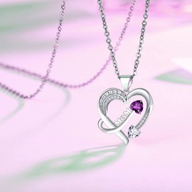 Jewelry Gift for Mom 18k White Gold Plated Heart Shape Cubic Zirconia Heart Pendant Necklace for Women 18inch Chain (2 Heart Diamond-Purple)