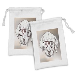 Ambesonne Modern Fabric Pouch Set of 2, Hipster Puppy with Glasses Smart Dog Nerd Animal Humor Fun Graphic Design, Small Drawstring Bag for Toiletries Masks and Favors, 9" x 6", White Tan Brown