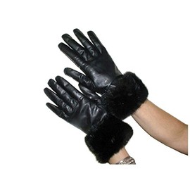 FursNewYork Cashmere Lined Black Lambskin Leather Gloves W/Mahogany Mink Trim 9