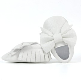 Bebila Double Bow Fringe Baby Moccasins - Soft Sole Baby Shoes Girls Toddler Crib Flats White-a