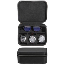 SYENS Real Leather Watch Box Mens Travel Case with Glasses Storage Compartment, Top-Grain Genuine Leather 3 Watches Carrying Box | Watch Travel Roll Zipper Closure (3+1BB)