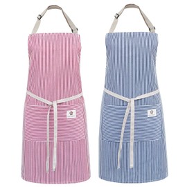 cactusgirl 2 Pieces Adjustable Cotton Apron Cooking Apron Kitchen Apron Aprons for Women Men (Blue Stripes + Red Stripes)