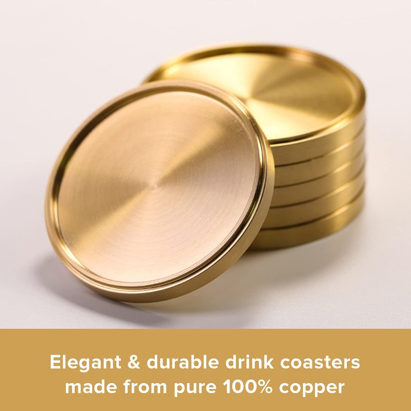 Heavy Brass Coasters for Drinks (6-Pack) - Solid Bronze Gold
