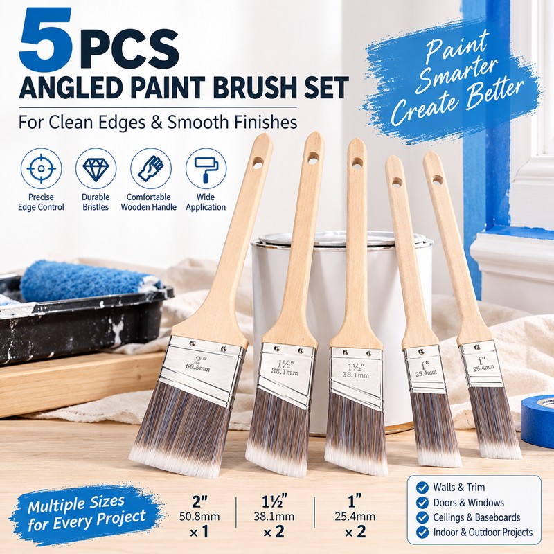 5-Piece Angled Paint Brush Set – Wood Handle Polyester Trim