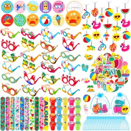 Affrolling 174 Pcs Summer Beach Party Favors Bulk Funny Hawaiian Paper Glasses Slap Bracelets Keychains Stamps Badges Stickers Organza Bags for Pool Luau Party Baby Shower Class Reward Supplies