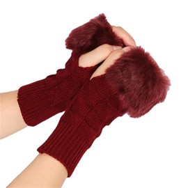 Golden Apple Women's Fingerless Gloves with Faux Fur, Knit Winter Warm Half Finger Mitten Wrist Warmer (WineRed, L)