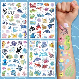 Ocean Sea Animal Temporary Tattoos For Kids, 104 Metallic Style Shiny Bronzing Fake Tattoo Stickers For Boys Girls Birthday Party Favor, Shark Shell Dolphin Crab Realistic Waterproof Tattoo