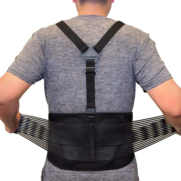 AllyFlex Lumbar Support Back Brace with Suspenders, 3-Way Adjustable Safety Belt with Dual Lumbar Pads for Lower Back Support and Injury Prevention, Medium
