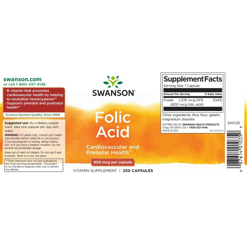 Swanson Folic Acid 800mcg, 250 Capsules