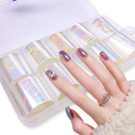 XEAOHESY 10 Rolls Aurora Transparent Nail Foil Transfer Sticker Kit Holographic Nail Foil Sheets Foil Nail Art Decals Iridescence Nail Foil Transfer Stickers Foil Nail Wraps for Women Nail Art