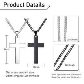 2 Simple Stainless Steel Necklaces with Cross Silver and Black Pendant with Figaro Chain for Men Women Valentine Gifts