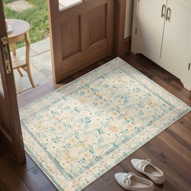 Rugxara Door Mat Floral Entryway Rug, Washable Samll 2x3 Rug, Boho Beige Front Door Mat, Non Slip Area Rugs, Low Pile Throw Accent Carpet for Indoor Entrance, Bathroom and Kitchen(Beige 2x3ft)