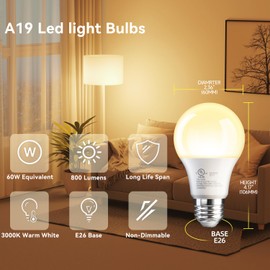 TJOY 6 Pack A19 LED Light Bulbs, 60 Watt Equivalent LED Bulb, Warm White 3000K, Efficient 9W, E26 Standard Base, Non Dimmable Energy Saving Lightbulb, 800LM, 80 CRI, 120V, UL Listed