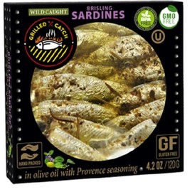 Grilled Catch Wild Caught BRISLING SARDINES in olive oil 4.2 oz/120g, pack of 5, Product of Latvia, (Provence Seasoning)