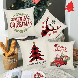 AUMA Christmas Throw Pillow Covers 18x18 inch - Christmas Decorations Tree Reindeer Pillow Cushion Covers Home Decorative Pillowcase for Couch Sofa Bed Breathable Linen with Hidden Zipper