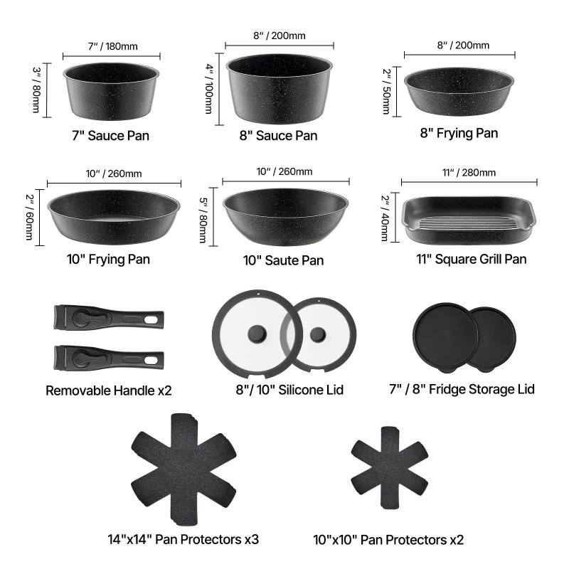 17-Piece Black Granite Nonstick Cookware Set Detachable Handle Space-Saving Induction