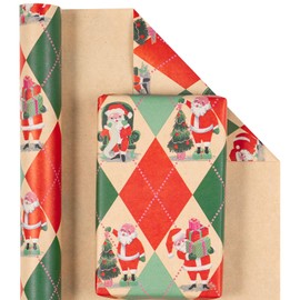 RUSPEPA Kraft Christmas Wrapping Paper Roll, Mini Roll, Funny Santa Claus & Tree Design, Red Green Diamond Pattern Kraft Gift Wrap for Kids, Boys, Girls, Family, Xmas Holiday, 17 Inches x 16.4 Feet