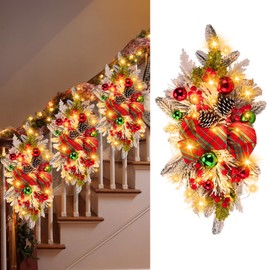 Lyrow 4 Pcs Christmas Swag with Fairy Lights, Cordless Prelit Stairway Swag Trim Battery Operated Decorative Teardrop Front Door Swag Decoration for Xmas Indoor Outdoor Window (Green,Classic Style)