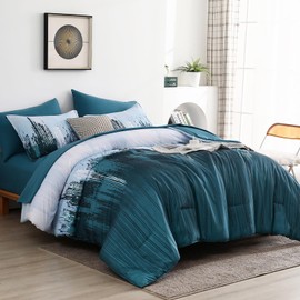 WONGS BEDDING Comforter Set Queen,Teal Blue 7 Pieces Bed in a Bag Colorful Abstract Art Gradient Comforter Soft Microfiber Bedding Set with Comforter,Flat Sheet,Fitted Sheet,Pillow Shams,Pillowcases