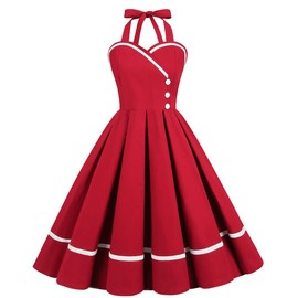 Women's Halter Neck 50s Vintage Cocktail Party Swing Dress Retro Pin Up 1950s Audrey Hepburn Rockabilly Prom Dress Sleeveless Bandage Short A-Line Wedding Guest Formal Tea Dress Burgundy-Buttons XL