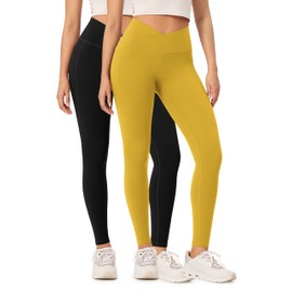 ODODOS 2 Pack Buttery Soft Cross Waist Leggings with Pockets for Women, ODCLOUD 28" Crossover Lounge Yoga Pants, Black+Mango Mint, Medium