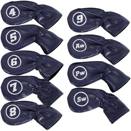 anddat Iron Headcover, Wedge Cover, PU Leather, 9-piece Set, Embroidery, Golf Club, Men's, Accessories, Sports Gear, Present, Celebration (Navy)