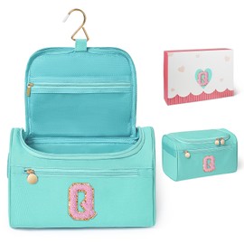 COSHAYSOO Initial Girls Hanging Travel Toiletry Bag Traveling Size Skincare Toiletries Bags Teen Girl Trip Gifts Favors, Summer Fall Camp Essentials for Teenage Sleepaway Sleepover Teal Blue Letter Q