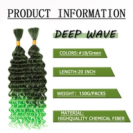 Deep Wave Bulk hair for Braiding Wet and Wavy Micro Braiding Hair No Weft Faux Deep Wave Braiding Hair Extensions for Box Boho Braids 150g with 2Bundles #1B/green (20Inch)
