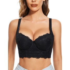 FallSweet Push Up Bras for Women Lace Plus Size Wide Back Underwire Longline Corset Bra(Black, 40B)