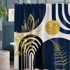 QGHOT Boho Mid Century Modern Shower Curtain Navy Blue Shower Curtains for Mens Bathroom Decor Bohemian Dark Blue and Gold Leaves MCM Bath Curtain Set, Waterproof Fabric with Hooks, 70" W x 96" L