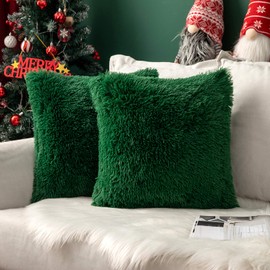 MIULEE Pack of 2 Faux Fur Cushion Covers Fluffy Soft Decorative Square Pillowcase Plush Case Faux Fur Throw Pillow Cover For Livingroom Sofa Bedroom 20x20 Inch 50x50cm 20"x20" Dark Green