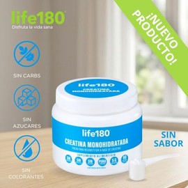Life180 Creatina Monohidratada Pura, Sin Sabor, 300g (60 Porciones de 5g) - Suplemento Alimenticio para el Soporte Muscular, Óseo y Bienestar General