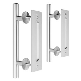 SMARTSTANDARD 2PCS Heavy Duty 12 Inch Sliding Barn Door Handle, Pull and Flush Hardware Set, Stainless Steel, Large Rustic Two-Side Design, Round