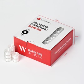 RICHWORD Prewound Bobbins, Plastic Sided, Size A, 75D/2(60WT) Polyester Bobbin Thread for Embroidery and Sewing Machine, White 130 Yards