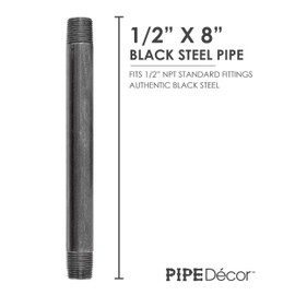 PIPE DÉCOR 1/2” x 8” Malleable Cast Iron Pipe Nipple, Pre Cut Connectors, Industrial Steel Grey Fits Standard Half Inch Black Threaded Pipes Nipples and Fittings, Build Vintage DIY Furniture, 6 Pack