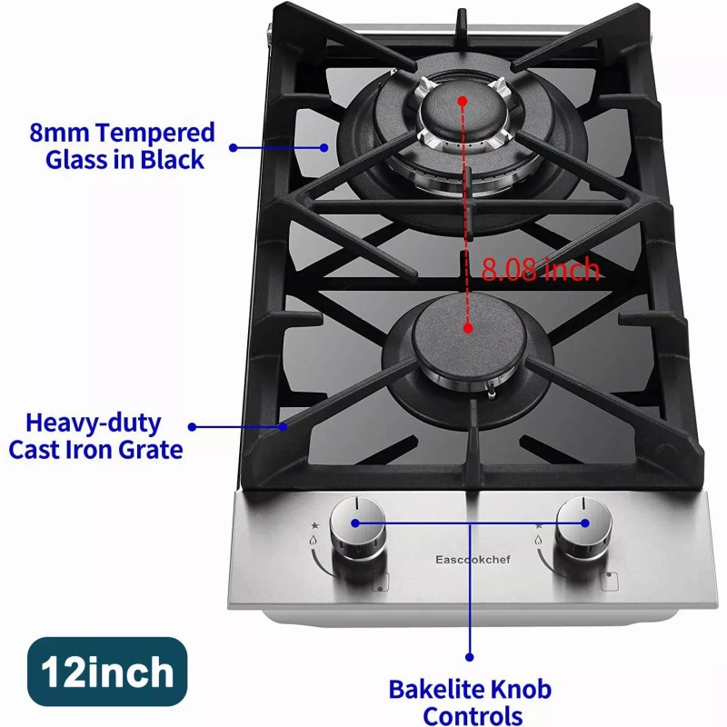 Eascookchef 12 inch Eascookchef Gas Cooktop 2 Burners NG/LPG Tempered
