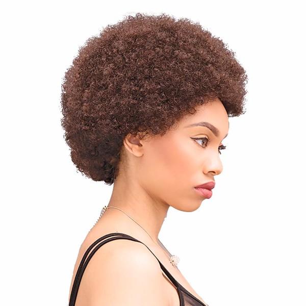 Short Kinky Curly Human Hair Wigs for Women, Dark Brown Full Machine Doll Feature Neck Hair Glameless Full and Fluffy (Afro Brown 4#)
