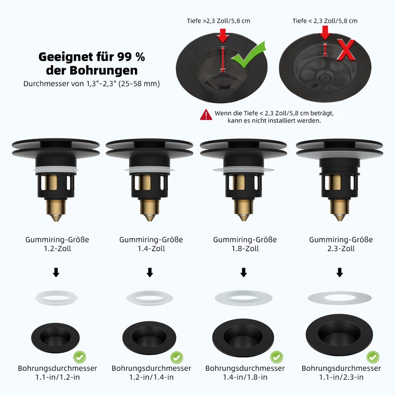 Hibbent Universal Sink Plug Black (1.1-1.81 inches/30-46 mm), Elegant Brass