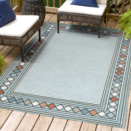 JONATHAN Y HWC102D-5 Sebastian High-Low Modern Diamond Border Indoor/Outdoor Area Rug, Border, Classic, Coastal, Backyard, Patio, Porch, Easy-Cleaning, Non-Shedding, 5 X 8, Blue/Ivory