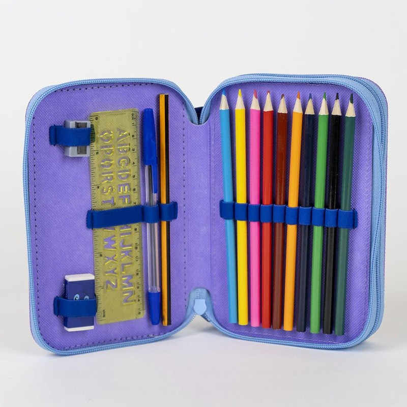 Stitch Pencil Case with 3 Compartments, Blue, 12.5 x 4.5