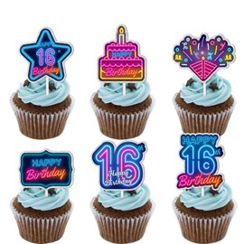 18pcs Blue Fluorescence Glitter Dessert Cupcake Topper Cheer to Let’s Glow Crazy Happy 16th Birthday Theme Decoration Supplies Anniversary Wedding Party Decor Supplies